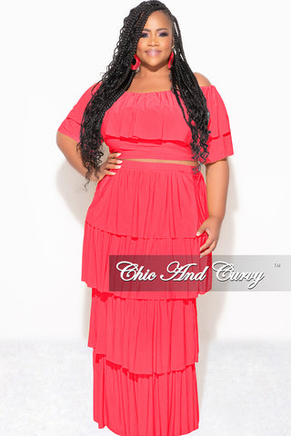 Final Sale Plus Size 2pc Ruffle Tiered Off the Shoulder Crop Top Maxi Skirt Set in Coral