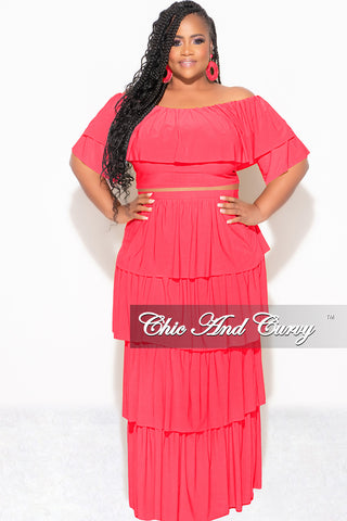 Final Sale Plus Size 2pc Ruffle Tiered Off the Shoulder Crop Top Maxi Skirt Set in Coral