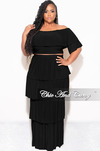 Final Sale Plus Size 2pc Ruffle Tiered Off the Shoulder Crop Top Maxi Skirt Set in Black