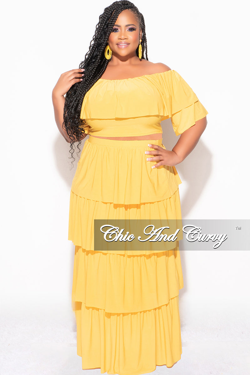 Final Sale Plus Size 2pc Ruffle Tiered Off the Shoulder Crop Top Maxi Skirt Set in Mustard