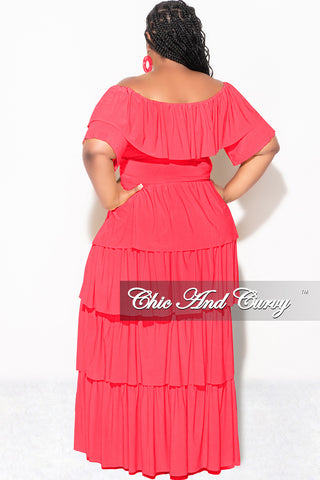 Final Sale Plus Size 2pc Ruffle Tiered Off the Shoulder Crop Top Maxi Skirt Set in Coral