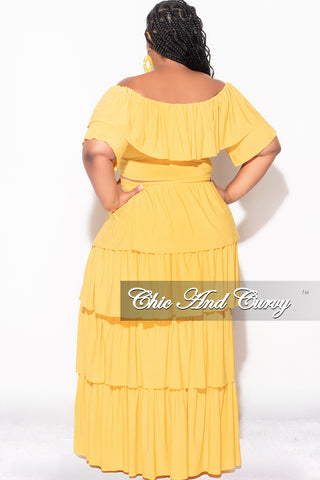 Final Sale Plus Size 2pc Ruffle Tiered Off the Shoulder Crop Top Maxi Skirt Set in Mustard