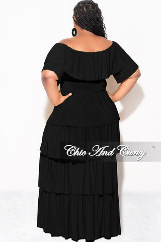 Final Sale Plus Size 2pc Ruffle Tiered Off the Shoulder Crop Top Maxi Skirt Set in Black