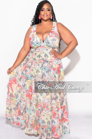 Final Sale Plus Size Chiffon Maxi Dress with Open Criss Cross Back in Soft Floral Print