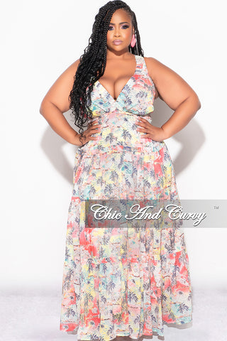 Final Sale Plus Size Chiffon Maxi Dress with Open Criss Cross Back in Soft Floral Print