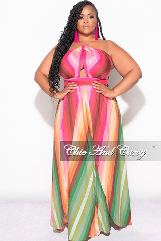 Final Sale Plus Size Halter Maxi Dress with Criss Cross Back in Fuchsia Multi Color Stripe Print