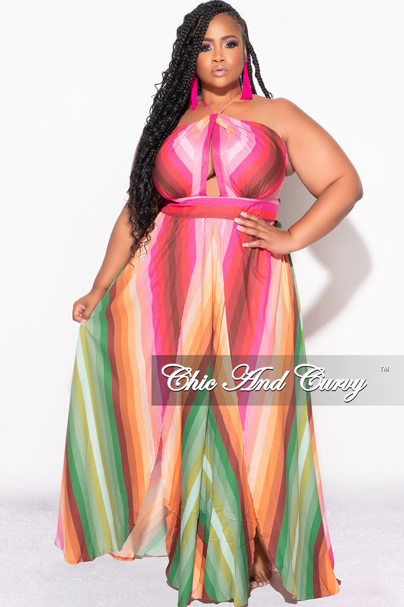 Final Sale Plus Size Halter Maxi Dress with Criss Cross Back in Fuchsia Multi Color Stripe Print