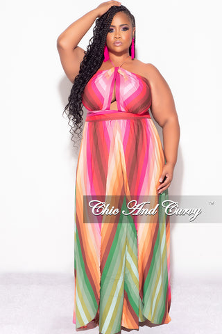 Final Sale Plus Size Halter Maxi Dress with Criss Cross Back in Fuchsia Multi Color Stripe Print