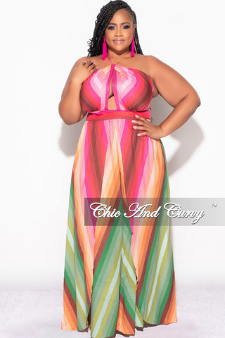 Final Sale Plus Size Halter Maxi Dress with Criss Cross Back in Fuchsia Multi Color Stripe Print