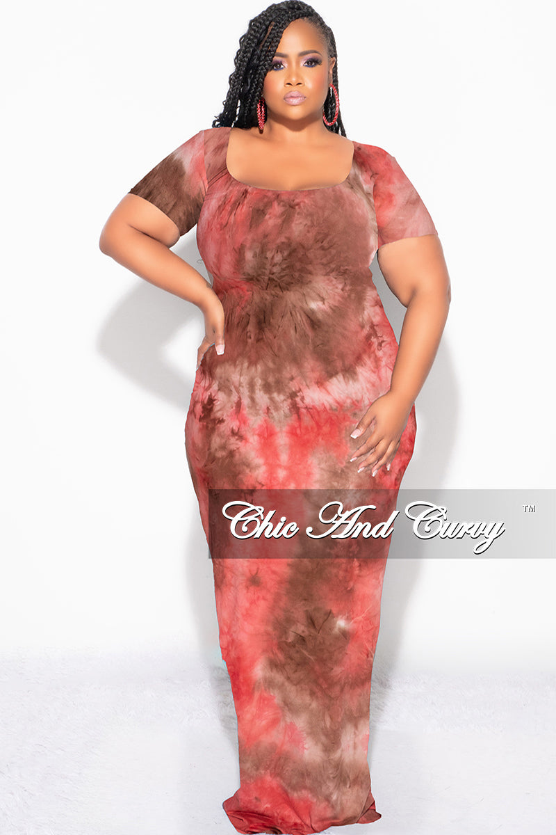 Final Sale Plus Size Short Sleeve Deep Scoop Neck Maxi Dress in Red & Brown Tie Dye Print - 1x 14/16 Final Sale Plus Size Short Sleeve Deep Scoop Neck Maxi Dress in Red & Brown Tie Dye Print - 1x 14/16