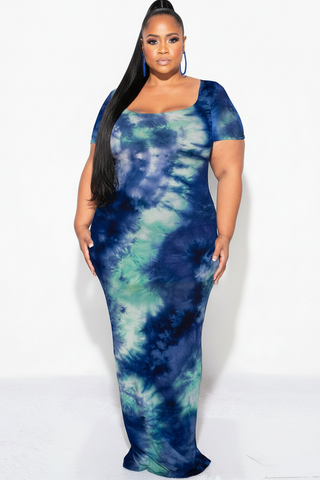 Final Sale Plus Size Short Sleeve Deep Scoop Neck Maxi Dress in Royal Blue & Aqua Tie Dye Print