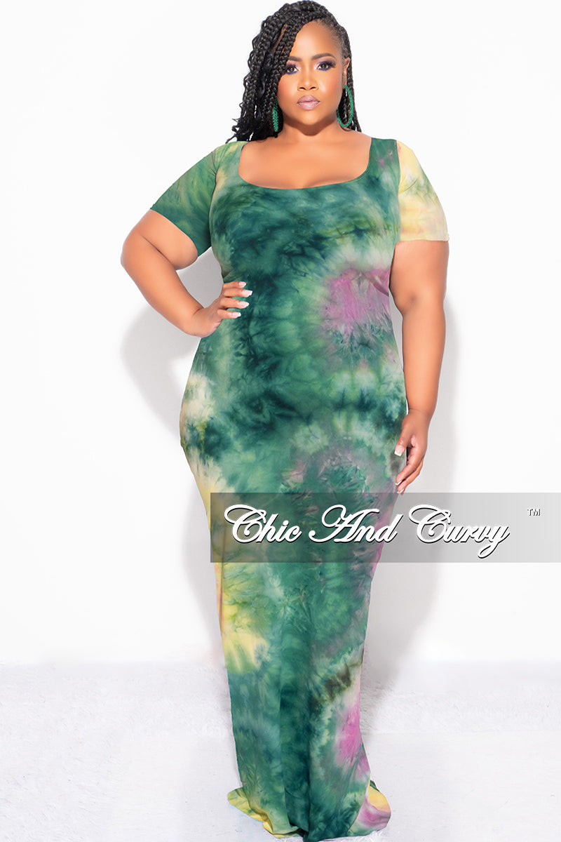 Final Sale Plus Size Short Sleeve Deep Scoop Neck Maxi Dress in Green, Purple and Yellow Tie Dye Print - 2X 18/20 Final Sale Plus Size Short Sleeve Deep Scoop Neck Maxi Dress in Green, Purple and Yellow Tie Dye Print - 2X 18/20