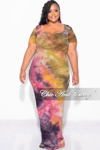 Final Sale Plus Size Short Sleeve Deep Scoop Neck Maxi Dress in Yellow and Pink Tie Dye