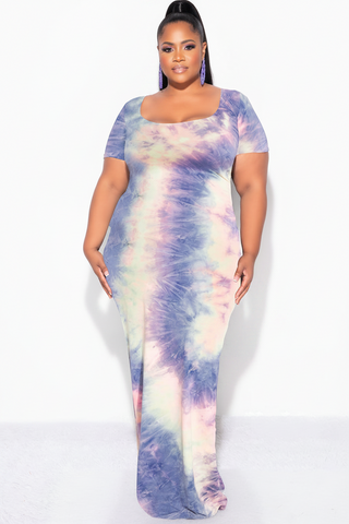 Final Sale Plus Size Short Sleeve Deep Scoop Neck Maxi Dress in Rainbow Cloud Print