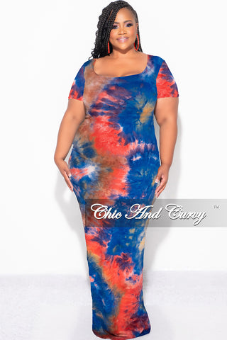 Final Sale Plus Size Short Sleeve Deep Scoop Neck Maxi Dress in Royal Blue, Red & Orange Tie Dye Print