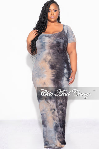 Final Sale Plus Size Short Sleeve Deep Scoop Neck Maxi Dress in Grey, Black and Tan Tie Dye Print