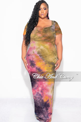 Final Sale Plus Size Short Sleeve Deep Scoop Neck Maxi Dress in Yellow and Pink Tie Dye