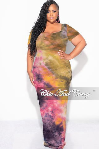 Final Sale Plus Size Short Sleeve Deep Scoop Neck Maxi Dress in Yellow and Pink Tie Dye