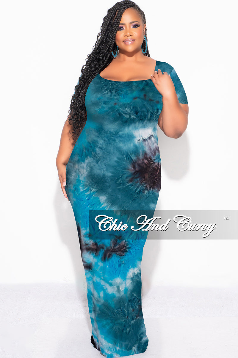 Final Sale Plus Size Short Sleeve Deep Scoop Neck Maxi Dress in Turquoise & Black Tie Dye Print - XL 10/12 Final Sale Plus Size Short Sleeve Deep Scoop Neck Maxi Dress in Turquoise & Black Tie Dye Print - XL 10/12