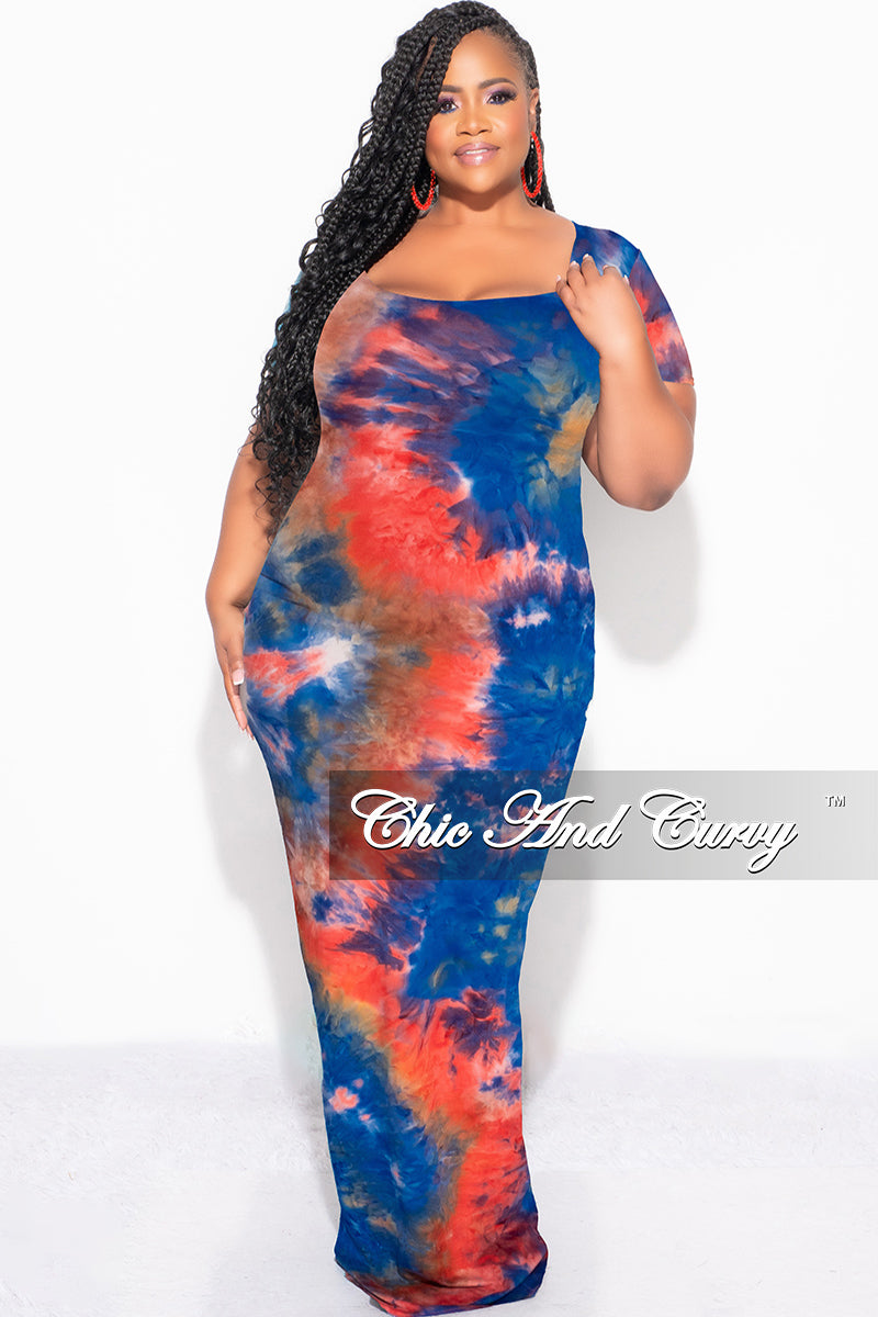 Final Sale Plus Size Short Sleeve Deep Scoop Neck Maxi Dress in Royal Blue, Red & Orange Tie Dye Print Final Sale Plus Size Short Sleeve Deep Scoop Neck Maxi Dress in Royal Blue, Red & Orange Tie Dye Print