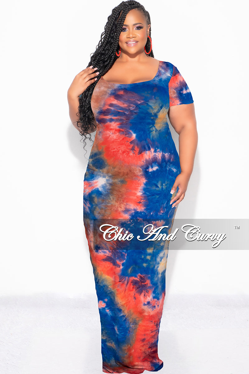 Final Sale Plus Size Short Sleeve Deep Scoop Neck Maxi Dress in Royal Blue, Red & Orange Tie Dye Print