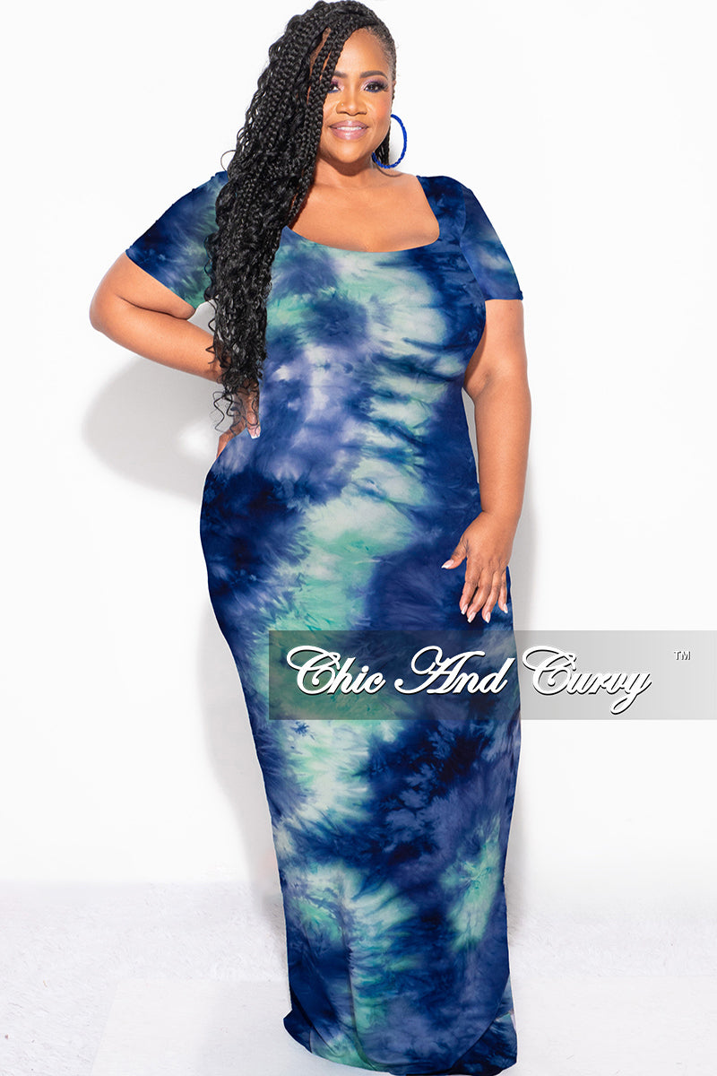 Final Sale Plus Size Short Sleeve Deep Scoop Neck Maxi Dress in Royal Blue & Aqua Tie Dye Print Final Sale Plus Size Short Sleeve Deep Scoop Neck Maxi Dress in Royal Blue & Aqua Tie Dye Print