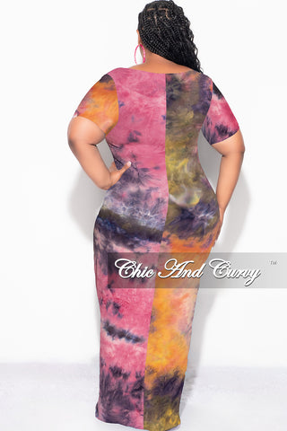 Final Sale Plus Size Short Sleeve Deep Scoop Neck Maxi Dress in Yellow and Pink Tie Dye