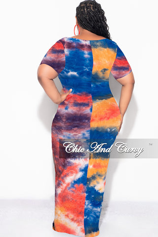 Final Sale Plus Size Short Sleeve Deep Scoop Neck Maxi Dress in Royal Blue, Red & Orange Tie Dye Print