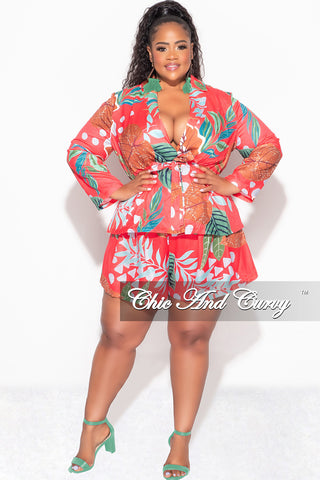 Final Sale Plus Size 2pc Drawstring Blazer and High Waist Shorts in Pink Multi Color Tropical Print