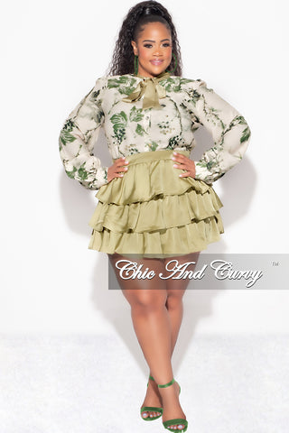 Final Sale Plus Size 2pc Set Button Up Collar Tie Top and Ruffle Layered Hem Mini Skirt in Olive