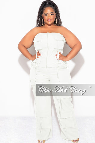 Final Sale Plus Size 2pc Strapless Top and Cargo Pants Set in White