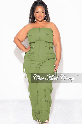 Final Sale Plus Size 2pc Strapless Top and Cargo Pants Set in Olive