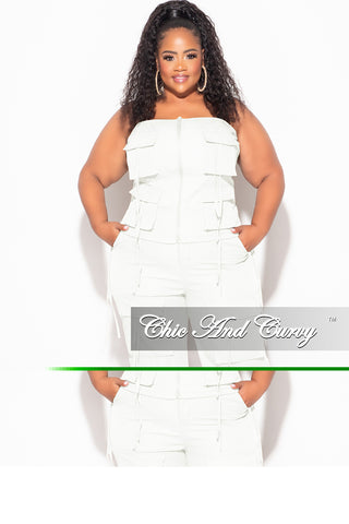 Final Sale Plus Size 2pc Strapless Top and Cargo Pants Set in White