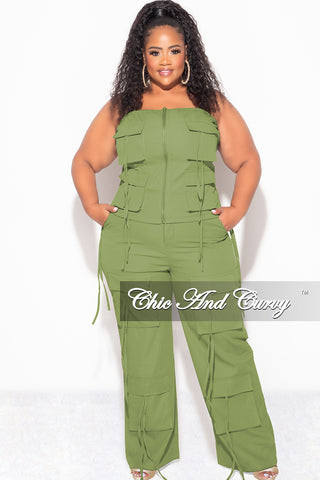 Final Sale Plus Size 2pc Strapless Top and Cargo Pants Set in Olive