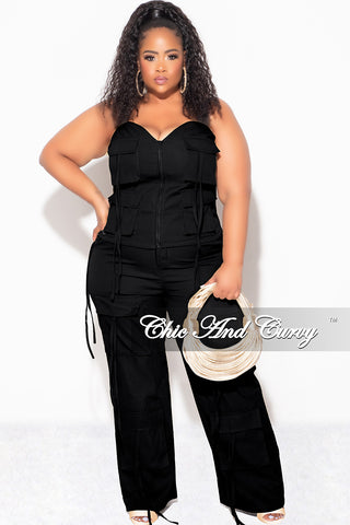 Final Sale Plus Size 2pc Strapless Top and Cargo Pants Set in Black