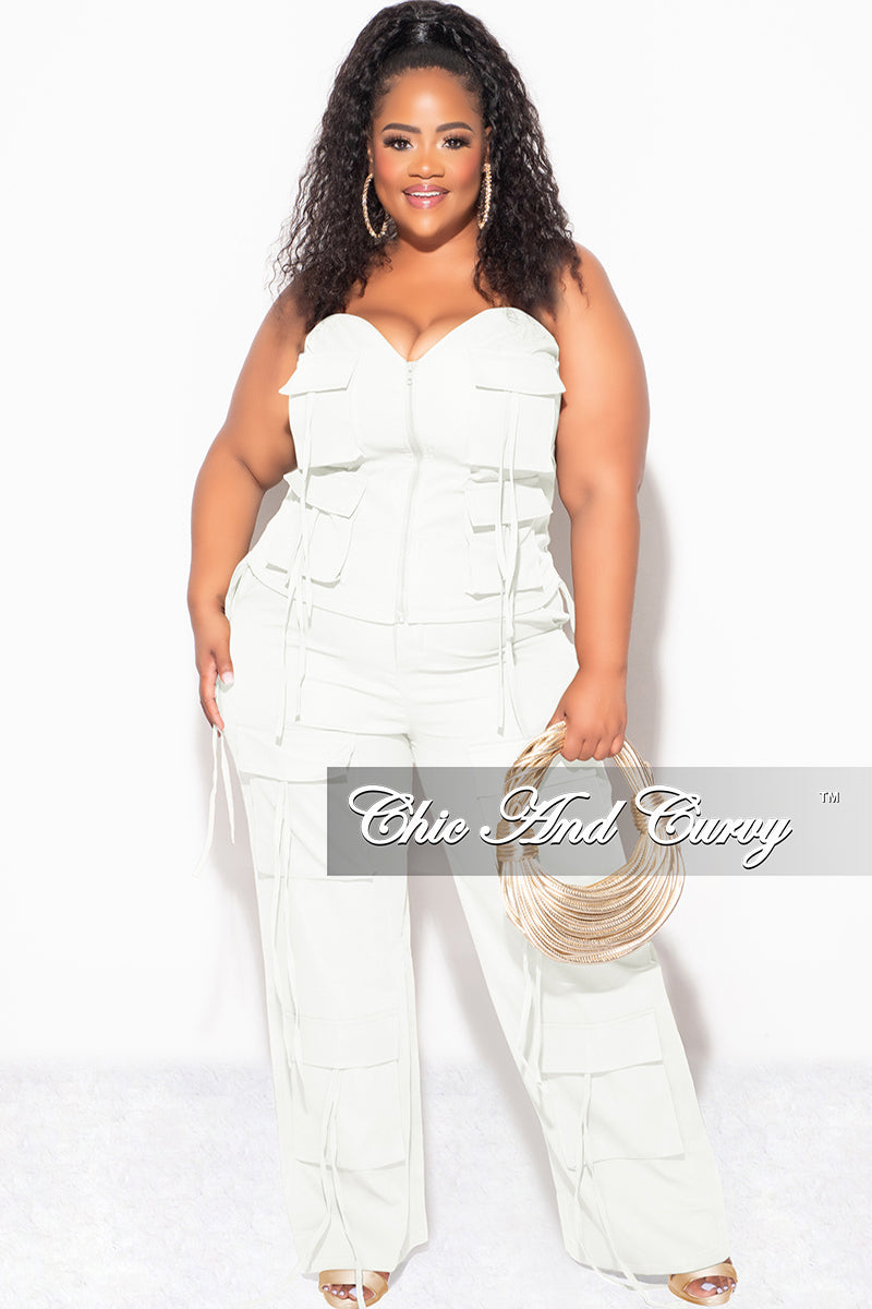 Final Sale Plus Size 2pc Strapless Top and Cargo Pants Set in White