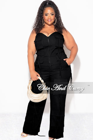 Final Sale Plus Size 2pc Strapless Top and Cargo Pants Set in Black