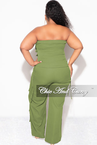 Final Sale Plus Size 2pc Strapless Top and Cargo Pants Set in Olive