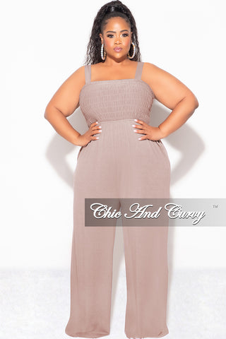 Final Sale Plus Size Sleeveless Shirred Jumpsuit in Ash Mocha