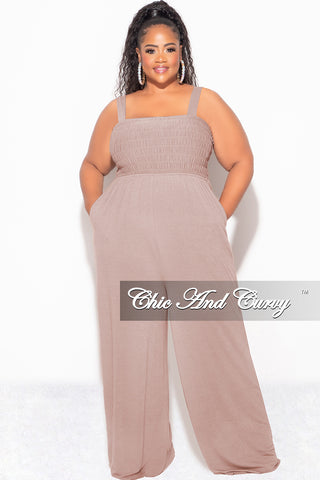 Final Sale Plus Size Sleeveless Shirred Jumpsuit in Ash Mocha