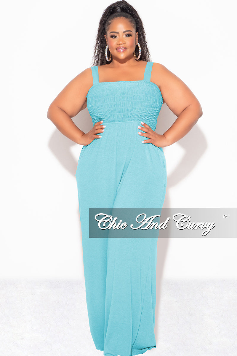 Final Sale Plus Size Sleeveless Shirred Jumpsuit in Mint Chic And Curvy Final Sale Plus Size Sleeveless Shirred Jumpsuit in Mint Chic And Curvy