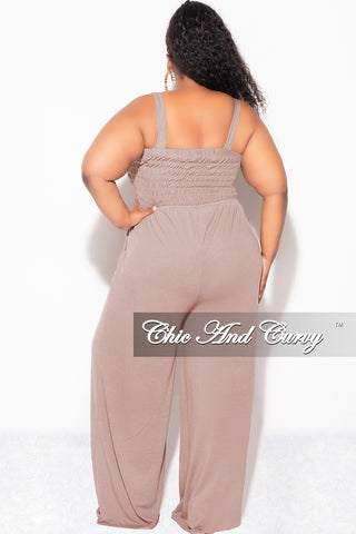 Final Sale Plus Size Sleeveless Shirred Jumpsuit in Ash Mocha