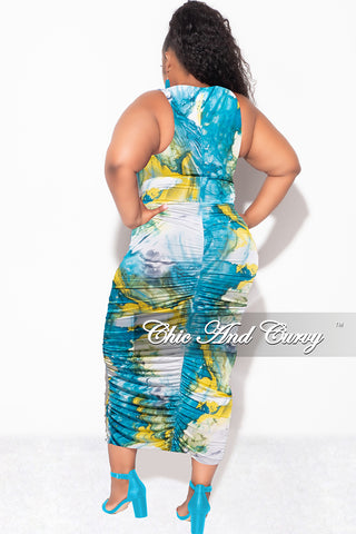 Final Sale Plus Size Sleeveless Ruched Dress In Blue White and Yellow