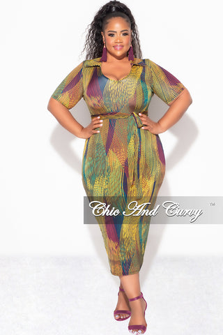 Final Sale Plus Size Collar Midi BodyCon Dress with Waist in Multi Color Stripe Print