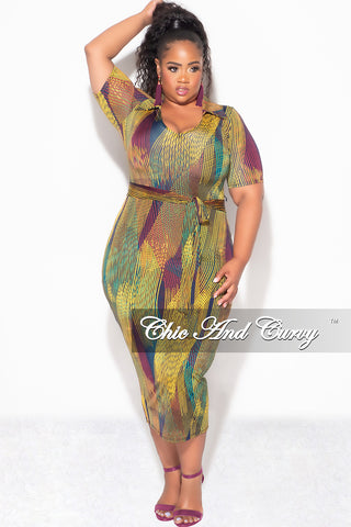 Final Sale Plus Size Collar Midi BodyCon Dress with Waist in Multi Color Stripe Print