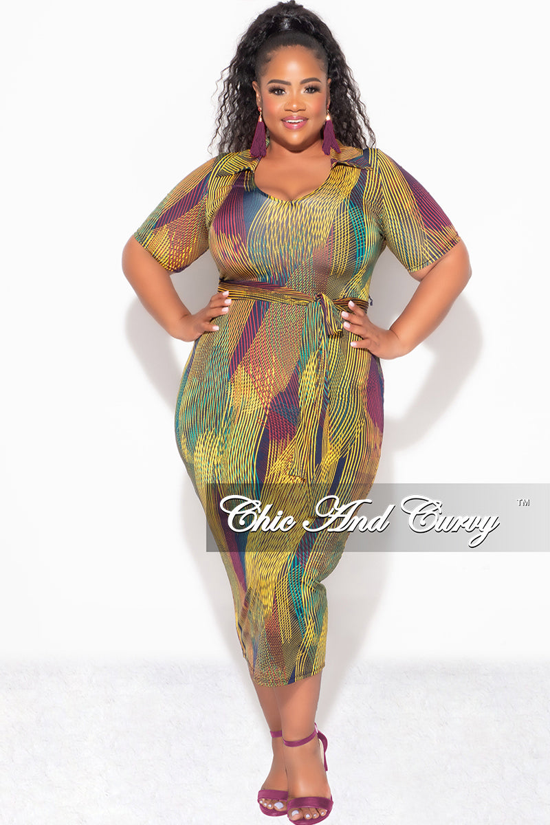 Final Sale Plus Size Collar Midi BodyCon Dress with Waist in Multi Color Stripe Print