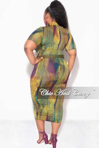 Final Sale Plus Size Collar Midi BodyCon Dress with Waist in Multi Color Stripe Print