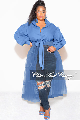 Final Sale Plus Size Puffy Long Sleeve Button Up Top with Mesh Train in Blue