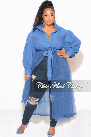 Final Sale Plus Size Puffy Long Sleeve Button Up Top with Mesh Train in Blue