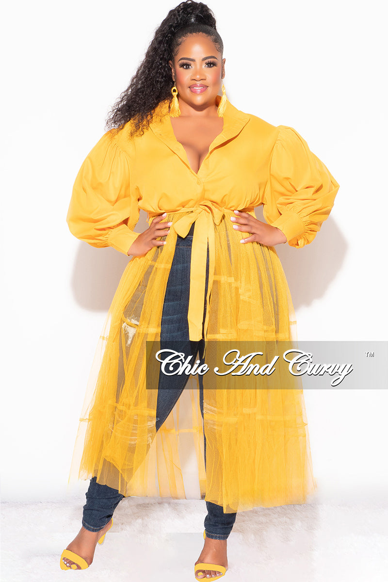 Final Sale Plus Size Puffy Long Sleeve Button Up Top with Mesh Train in Musatrd